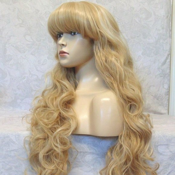 LONG Blonde Highlighted Curly Wig With Bangs main image 5